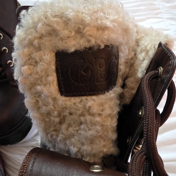 Dark Brown Faux Leather Platform Combat Boots with Shearling Trim and Block Heel - Picture 13 of 16